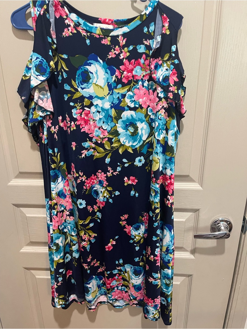 Navy Floral Cold-Shoulder Dress - Picture 2 of 5